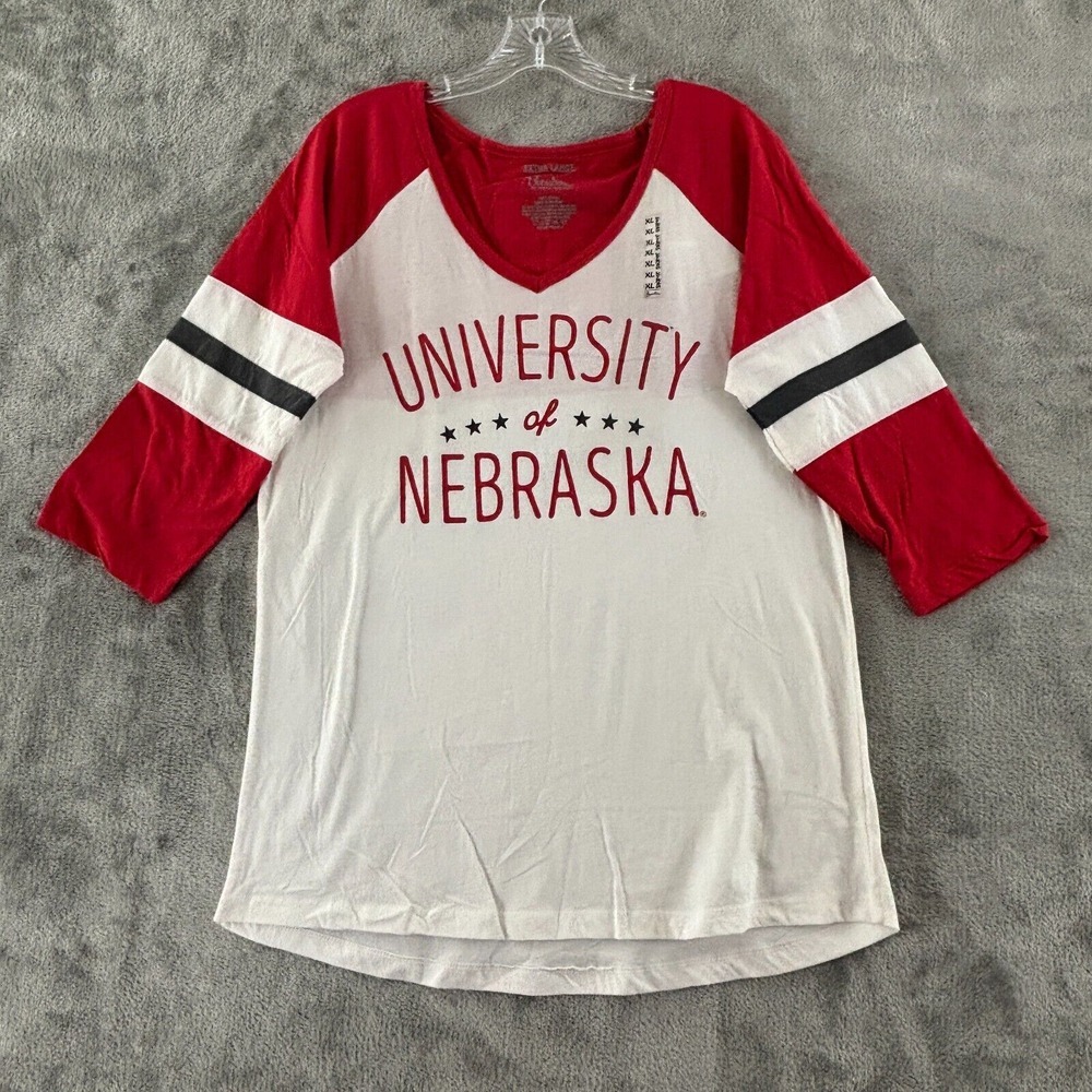 University of Nebraska Raglan T-Shirt‎ Juniors XL Red White Top Pressbox New